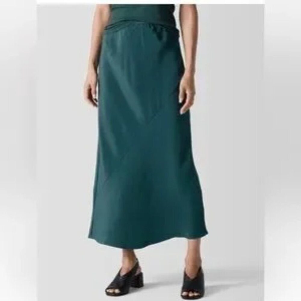 Eileen Fisher Deep Teal Silk Double Crepe Bias‎ Pull-On Long Skirt SZ XXS - NWT